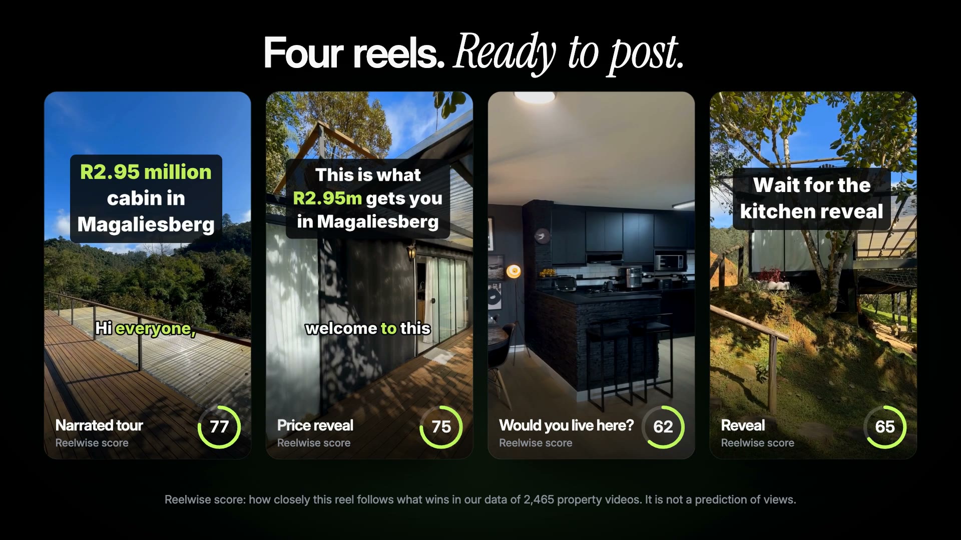 One walkthrough filmed on a phone becomes four Reelwise reels, each with its Reelwise score
